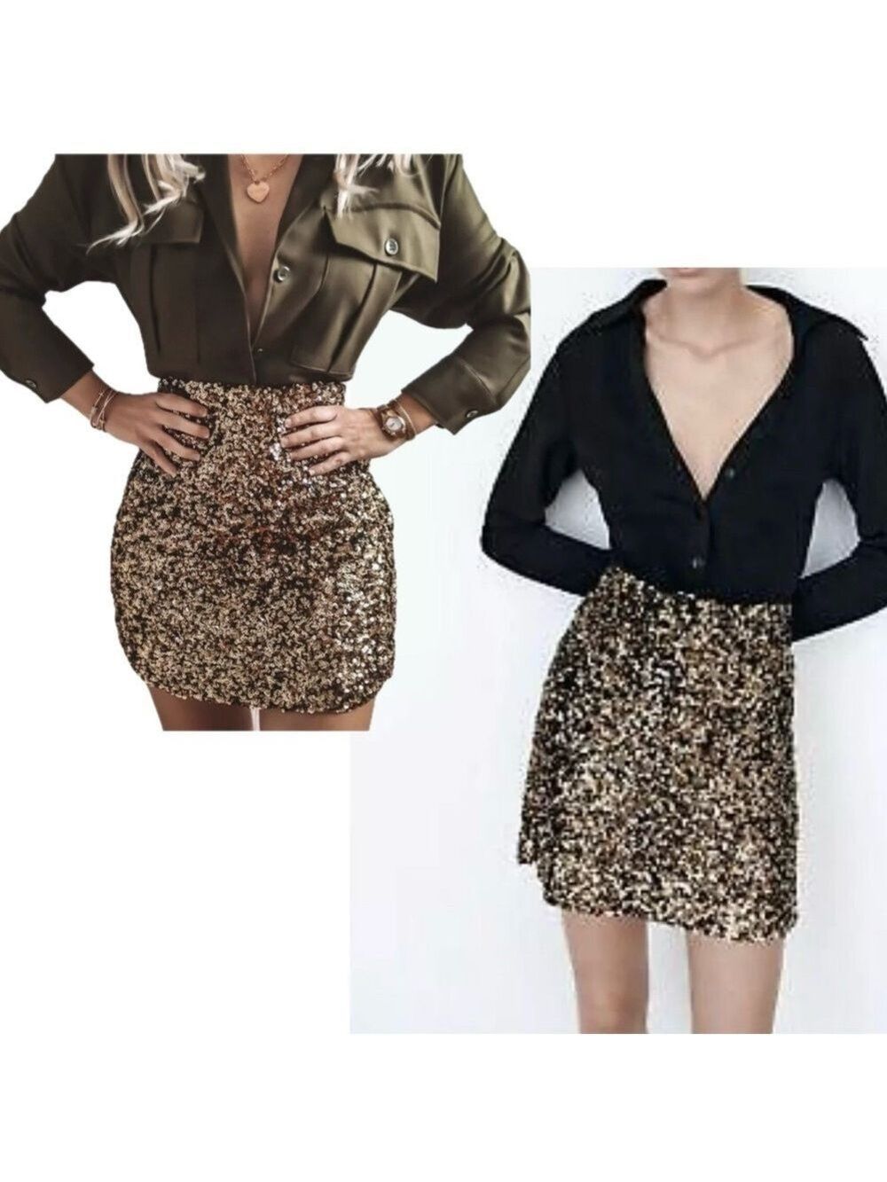 Zara Gold sequin metallic miniskirt stretchy Sz S lined side zip closure sparkly